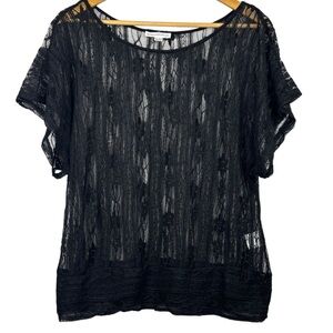 Warehouse One Black Sheer Floral Lace & Banded Hemline Crew Neck Pull Over XL